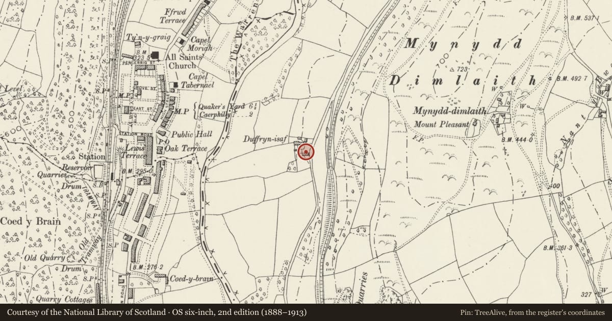 Ordnance Survey six-inch map, 2nd edition (1888–1913) covering the location of Barn at Dyffryn Isaf, Bedwas, Trethomas and Machen, Caerphilly, with a pin at the register's coordinates