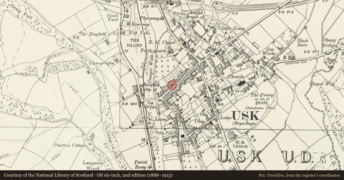 Ordnance Survey six-inch map, 2nd edition (1888–1913) covering the location of The Cross Keys Inn, Usk, Monmouthshire, with a pin at the register's coordinates