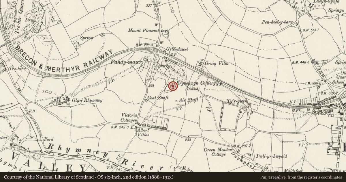 Ordnance Survey six-inch map, 2nd edition (1888–1913) covering the location of Bryngwyn Colliery Engine House, Bedwas, Trethomas and Machen, Caerphilly, with a pin at the register's coordinates