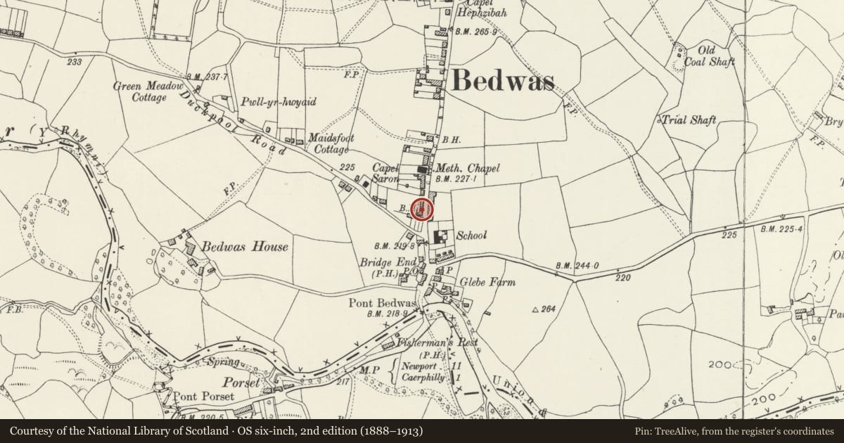 Ordnance Survey six-inch map, 2nd edition (1888–1913) covering the location of The White Hart Inn, Bedwas, Trethomas and Machen, Caerphilly, with a pin at the register's coordinates