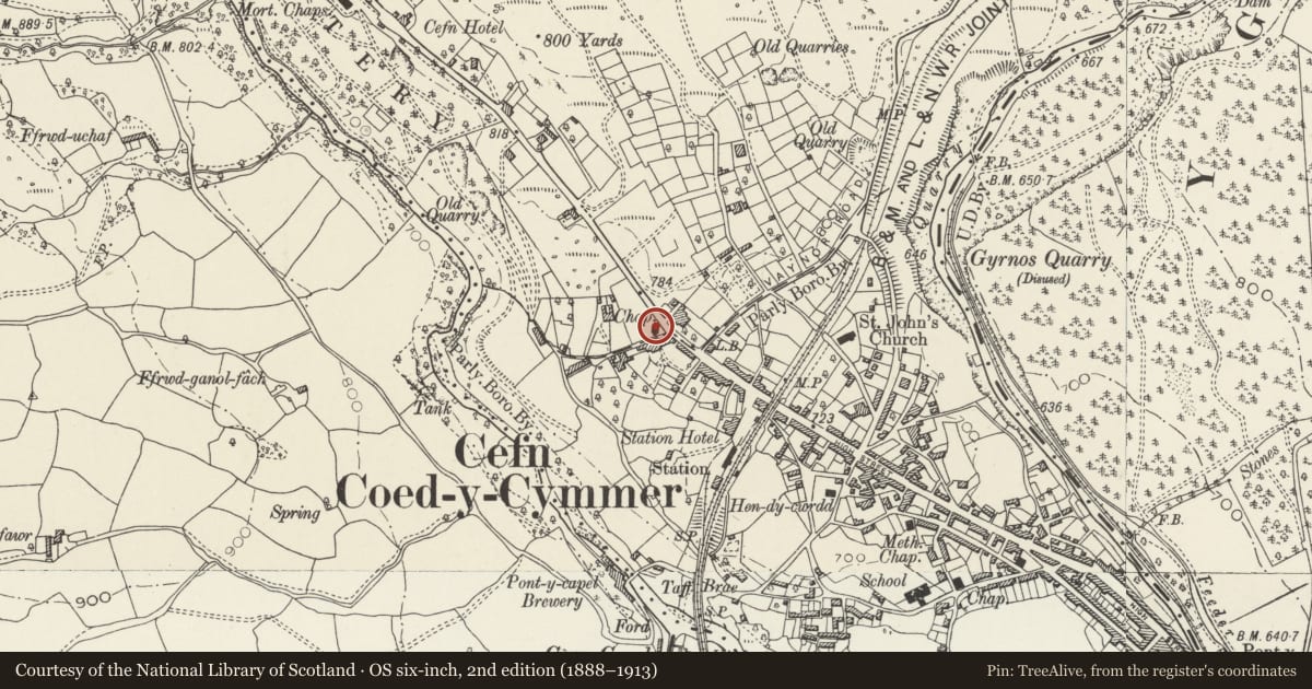 Ordnance Survey six-inch map, 2nd edition (1888–1913) covering the location of Tabor Independent Chapel, Vaynor, Merthyr Tydfil, with a pin at the register's coordinates