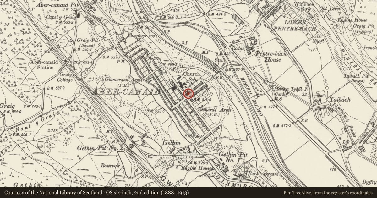 Ordnance Survey six-inch map, 2nd edition (1888–1913) covering the location of Sion Independent Chapel, Troed-y-Rhiw, Merthyr Tydfil, with a pin at the register's coordinates