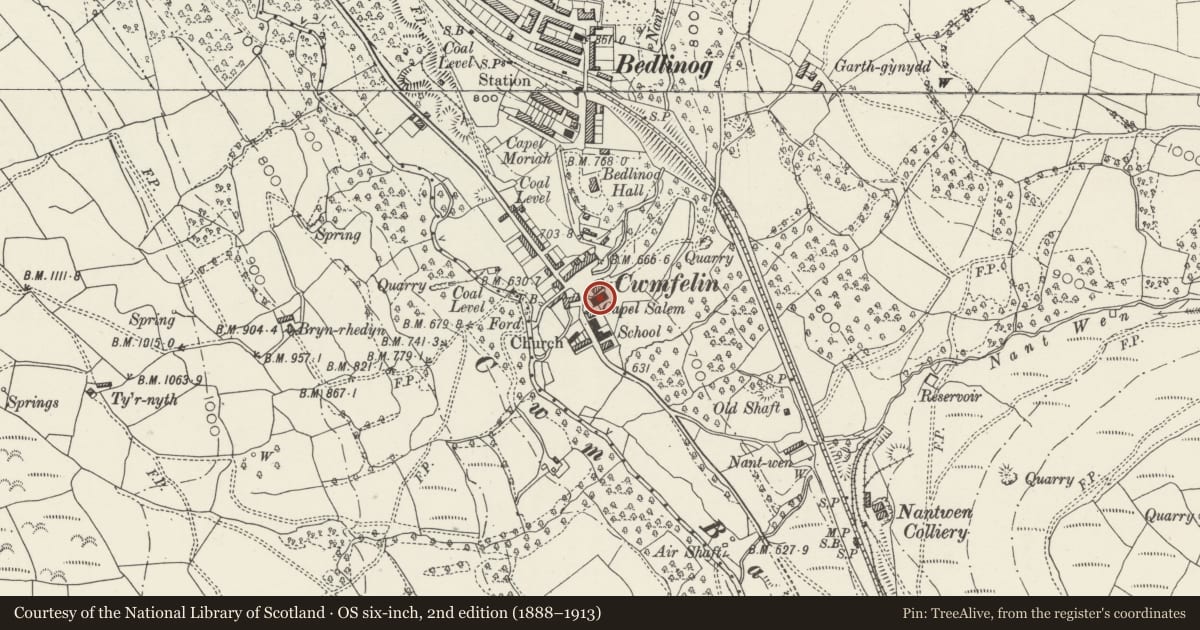 Ordnance Survey six-inch map, 2nd edition (1888–1913) covering the location of Salem Baptist Chapel, Bedlinog, Merthyr Tydfil, with a pin at the register's coordinates