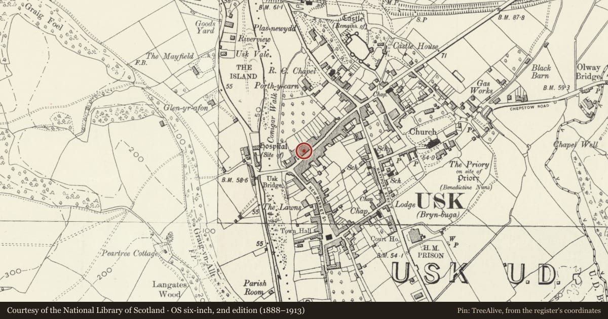 Ordnance Survey six-inch map, 2nd edition (1888–1913) covering the location of Bridge Street, and attached iron railings, Usk, Monmouthshire, with a pin at the register's coordinates
