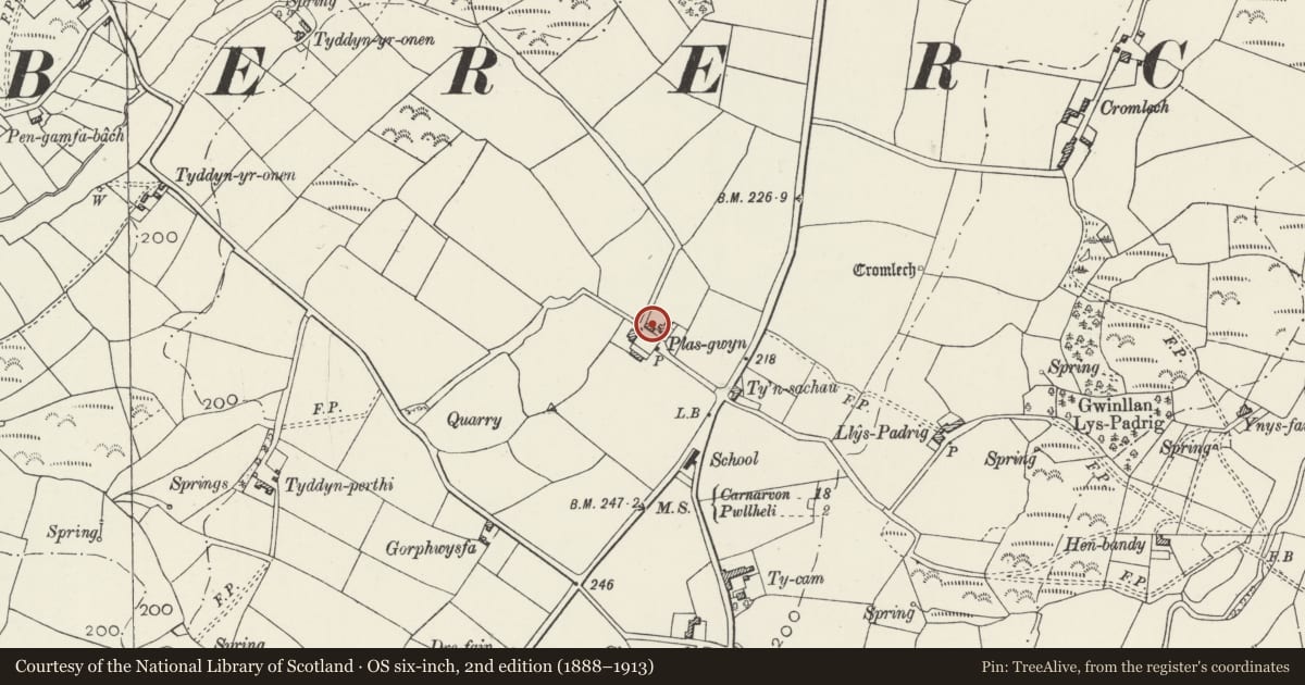 Ordnance Survey six-inch map, 2nd edition (1888–1913) covering the location of Farm Building at rear of Plas-gwyn, Llannor, Gwynedd, with a pin at the register's coordinates