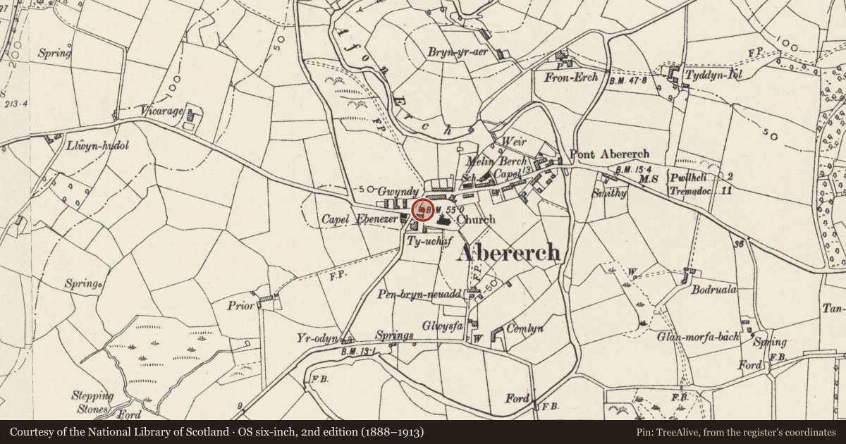Ordnance Survey six-inch map, 2nd edition (1888–1913) covering the location of Church Hall, Llannor, Gwynedd, with a pin at the register's coordinates