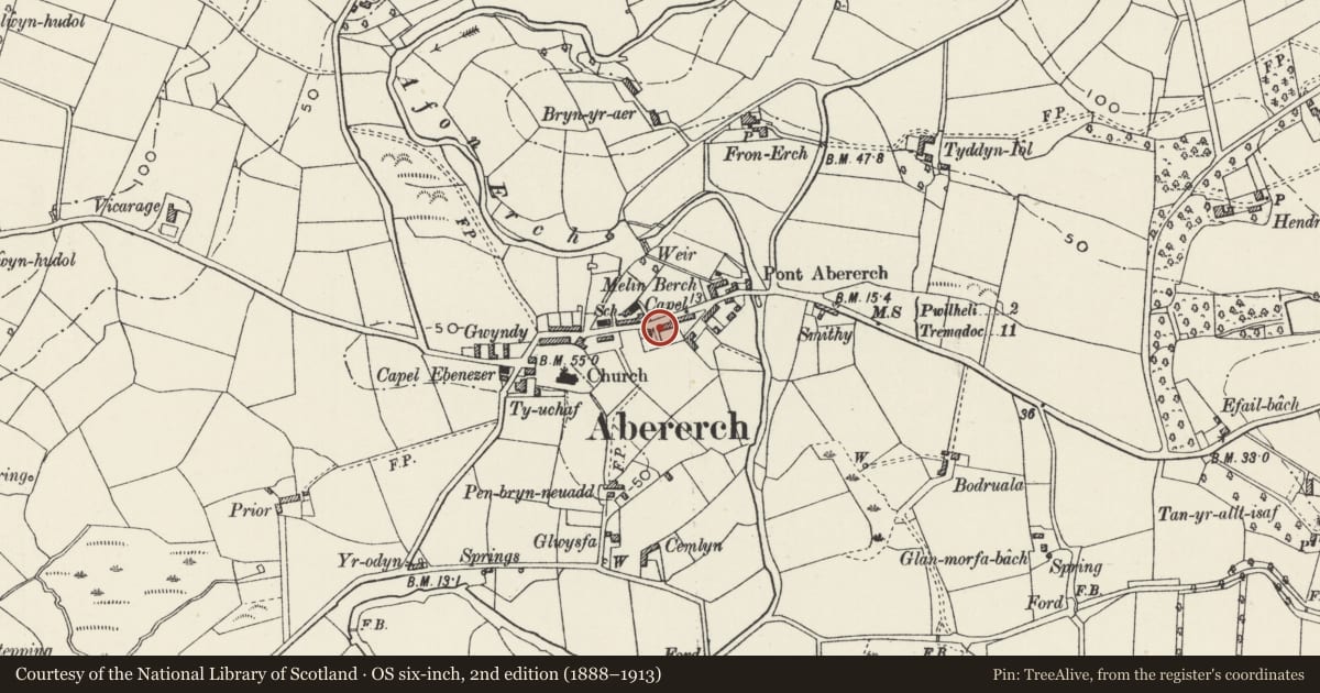 Ordnance Survey six-inch map, 2nd edition (1888–1913) covering the location of 15 New Row, Llannor, Gwynedd, with a pin at the register's coordinates