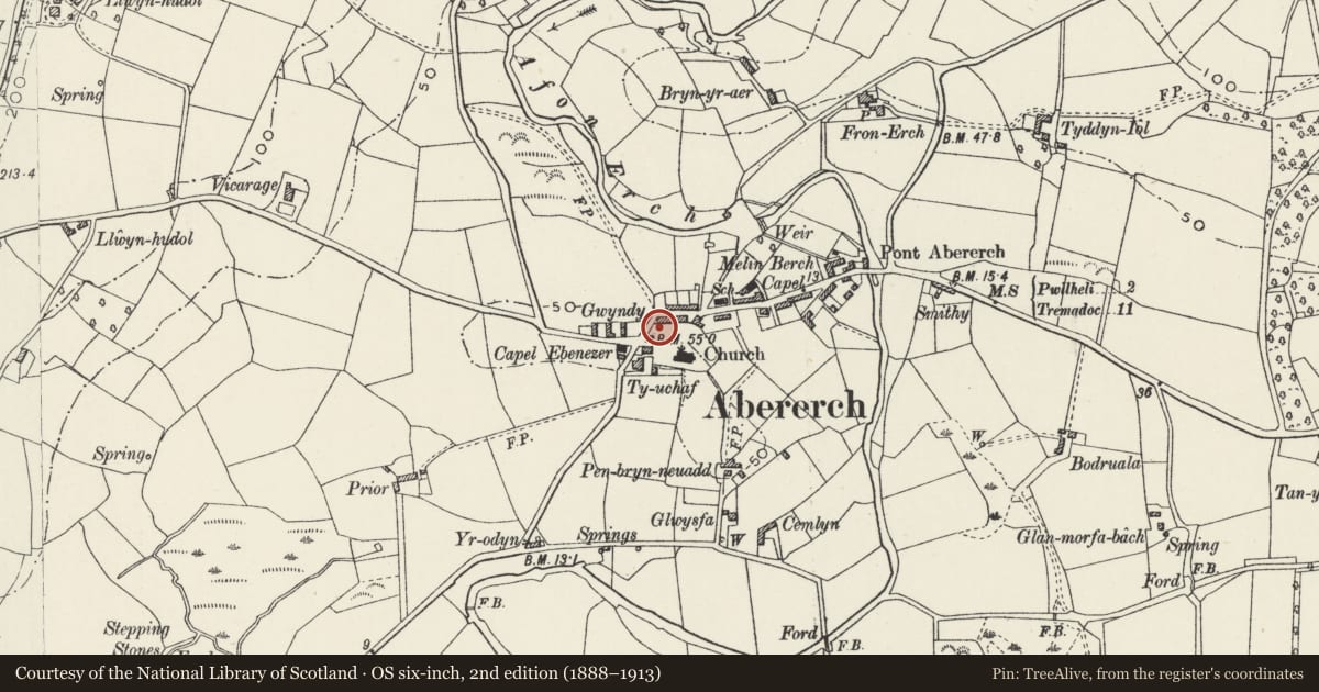 Ordnance Survey six-inch map, 2nd edition (1888–1913) covering the location of Picton Jones Monument, Llannor, Gwynedd, with a pin at the register's coordinates