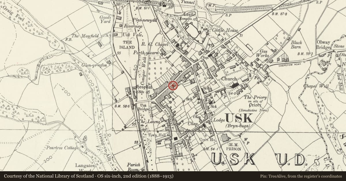 Ordnance Survey six-inch map, 2nd edition (1888–1913) covering the location of 47 & 49 and attached iron railings and attached archway, Usk, Monmouthshire, with a pin at the register's coordinates