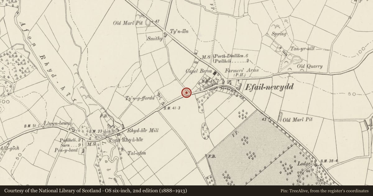 Ordnance Survey six-inch map, 2nd edition (1888–1913) covering the location of Milestone, Llannor, Gwynedd, with a pin at the register's coordinates