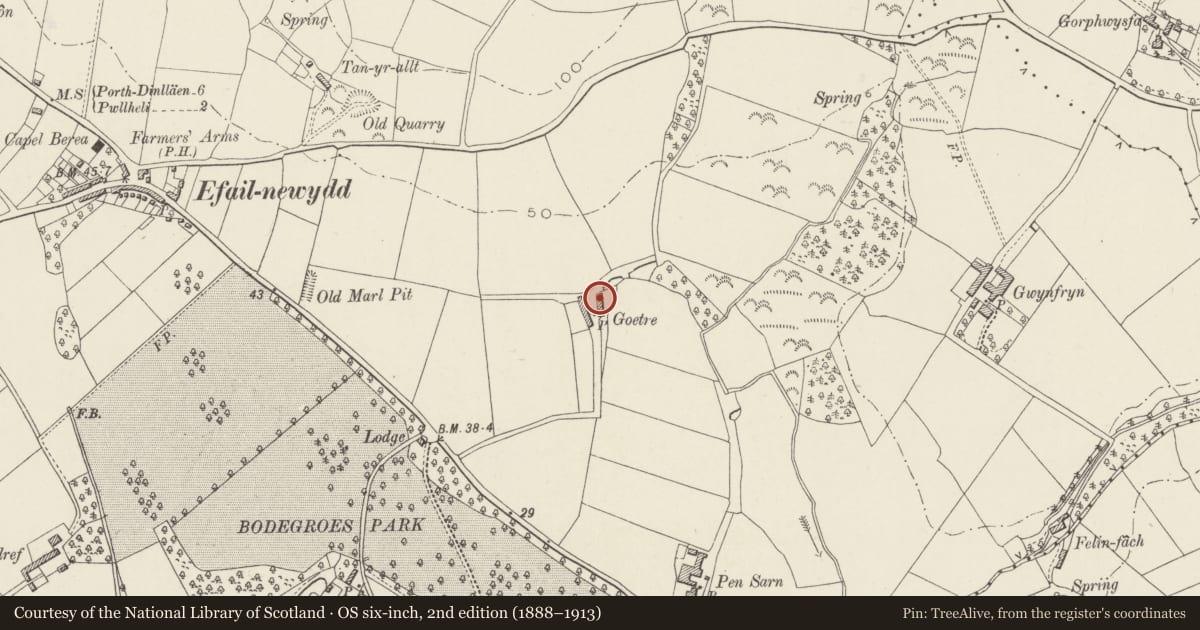 Ordnance Survey six-inch map, 2nd edition (1888–1913) covering the location of Goetre Farmhouse, with attached farm building, Llannor, Gwynedd, with a pin at the register's coordinates