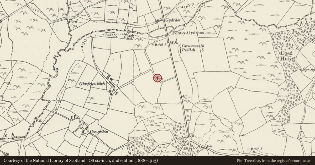 Ordnance Survey six-inch map, 2nd edition (1888–1913) covering the location of Field Cowhouse [beudy] at Glasfryn-bach, Llannor, Gwynedd, with a pin at the register's coordinates