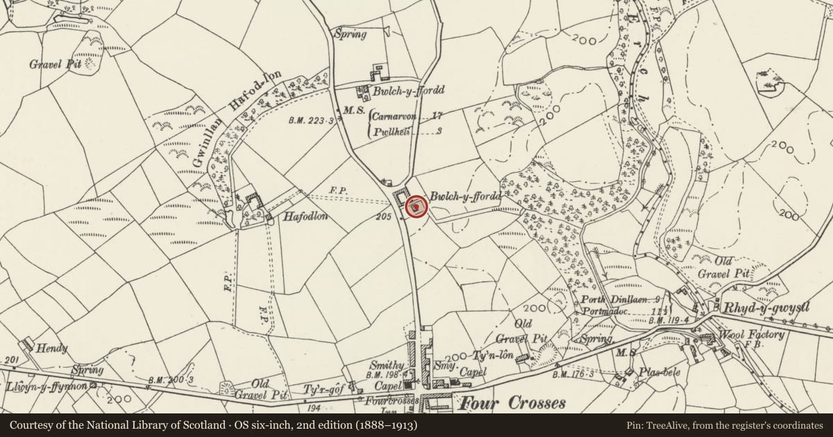 Ordnance Survey six-inch map, 2nd edition (1888–1913) covering the location of Bwlch y ffordd isaf, Llannor, Gwynedd, with a pin at the register's coordinates