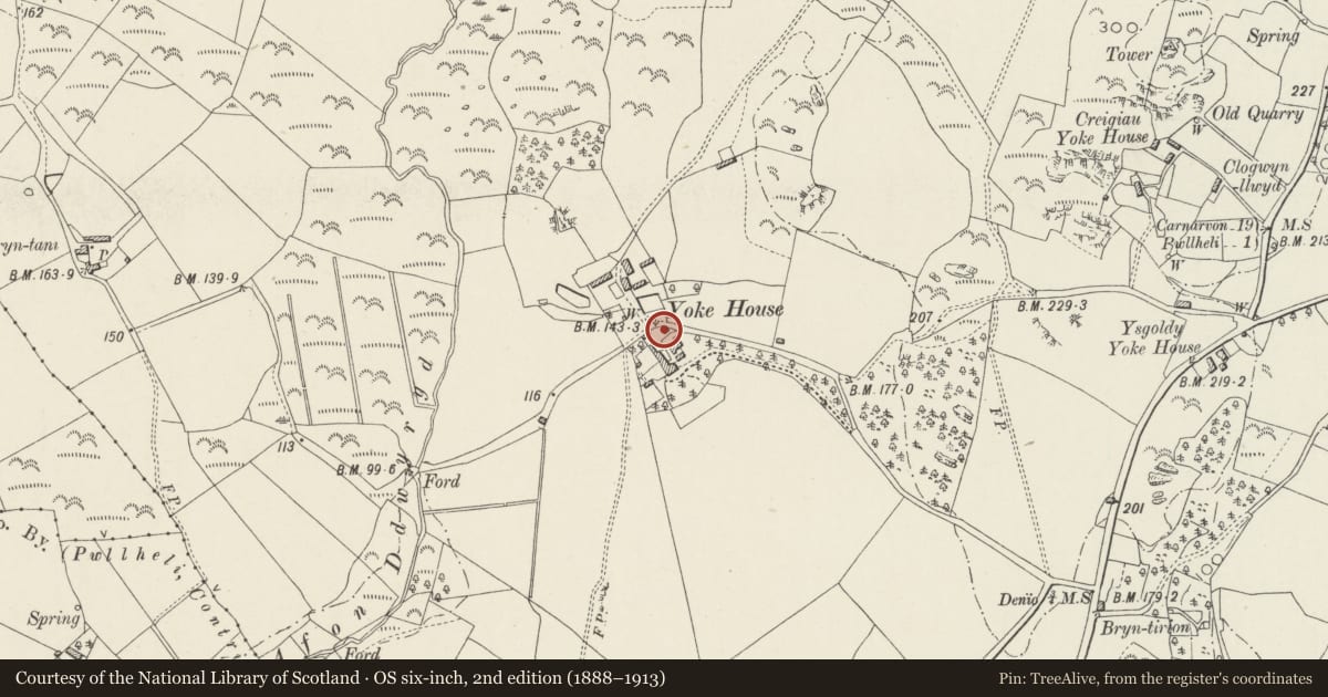 Ordnance Survey six-inch map, 2nd edition (1888–1913) covering the location of Otter House at Ty Iocws, Llannor, Gwynedd, with a pin at the register's coordinates