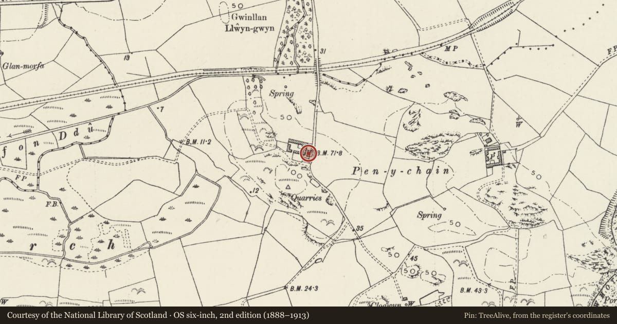 Ordnance Survey six-inch map, 2nd edition (1888–1913) covering the location of Penychain Farmhouse, Llannor, Gwynedd, with a pin at the register's coordinates
