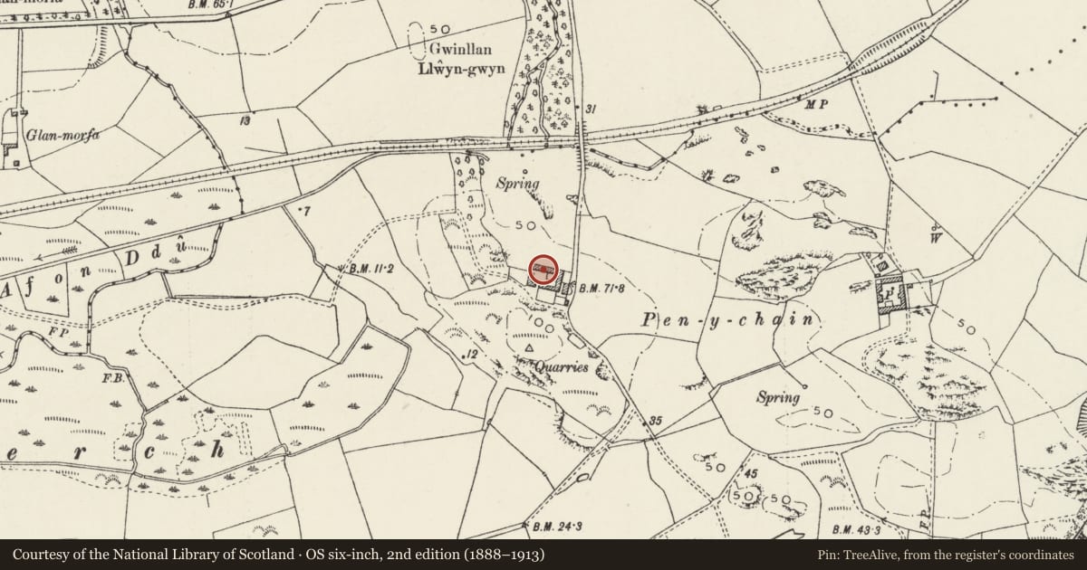 Ordnance Survey six-inch map, 2nd edition (1888–1913) covering the location of N Farm Range at Penychain, Llannor, Gwynedd, with a pin at the register's coordinates