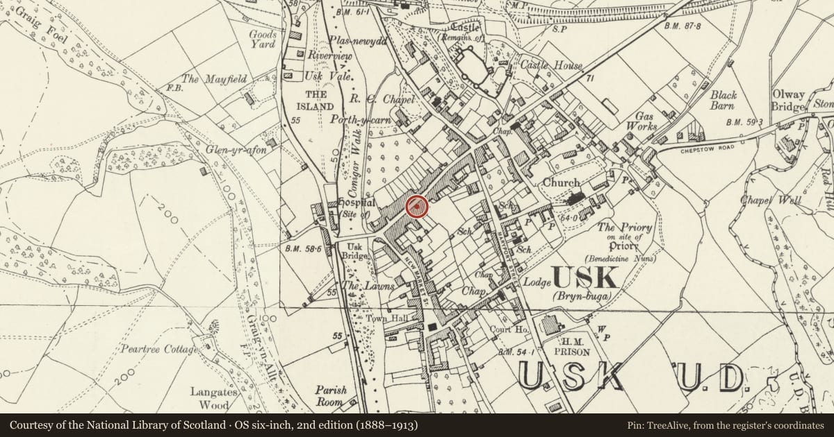 Ordnance Survey six-inch map, 2nd edition (1888–1913) covering the location of 51 Bridge Street, Usk, Monmouthshire, with a pin at the register's coordinates