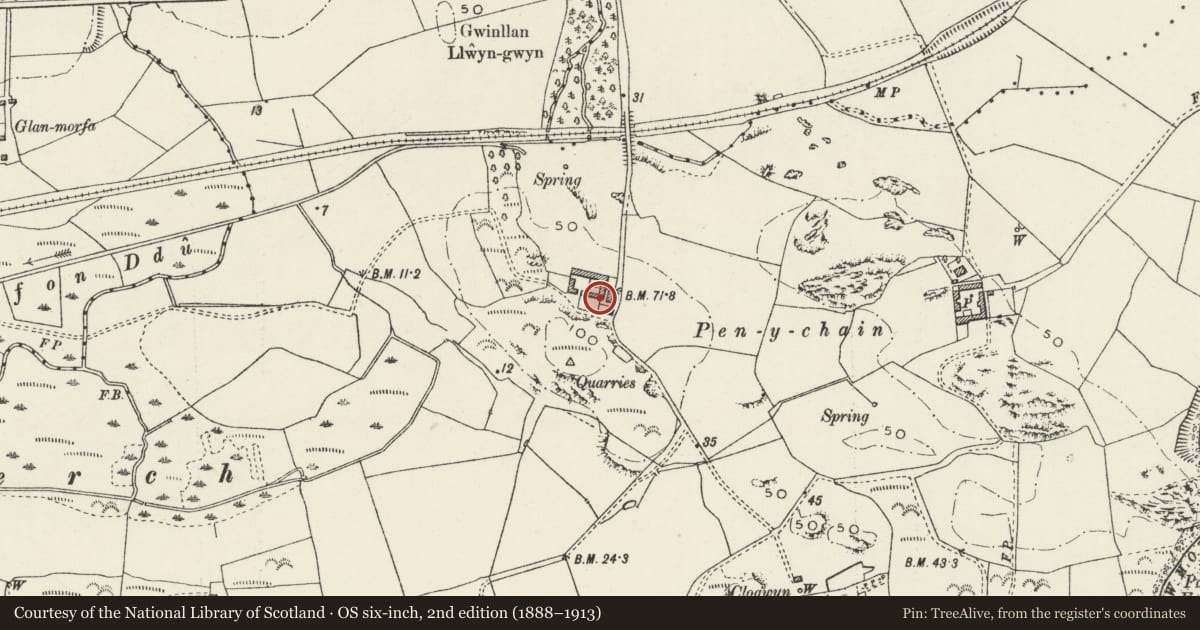 Ordnance Survey six-inch map, 2nd edition (1888–1913) covering the location of Farm Outbuilding at Penychain, Llannor, Gwynedd, with a pin at the register's coordinates