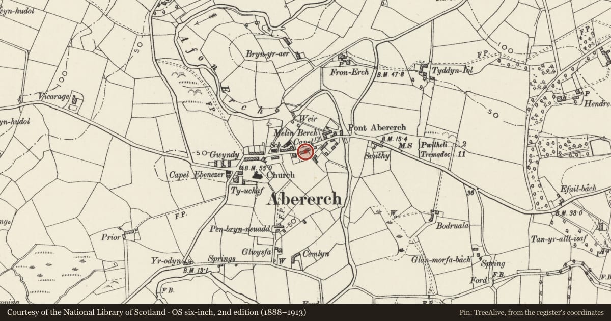 Ordnance Survey six-inch map, 2nd edition (1888–1913) covering the location of Rhydelen, Llannor, Gwynedd, with a pin at the register's coordinates
