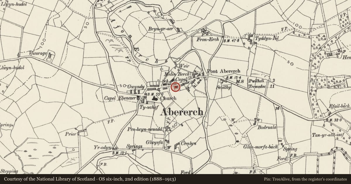 Ordnance Survey six-inch map, 2nd edition (1888–1913) covering the location of Bryn-afon, Llannor, Gwynedd, with a pin at the register's coordinates