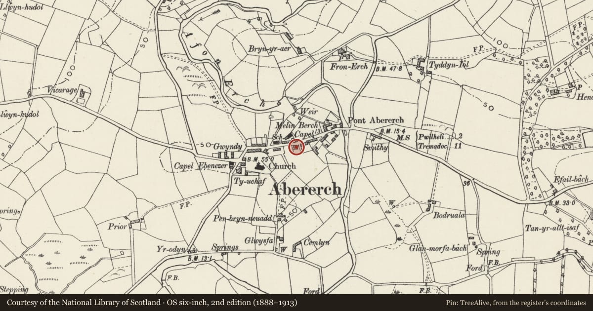 Ordnance Survey six-inch map, 2nd edition (1888–1913) covering the location of Morawel, Llannor, Gwynedd, with a pin at the register's coordinates