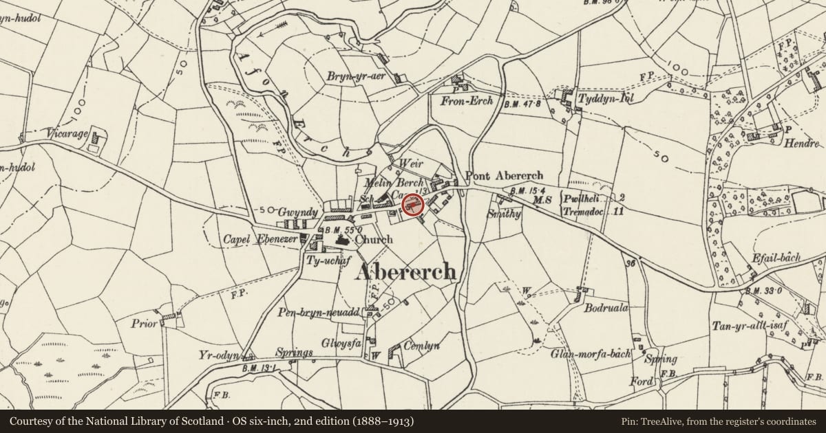 Ordnance Survey six-inch map, 2nd edition (1888–1913) covering the location of 20 Post Office Terrace, Llannor, Gwynedd, with a pin at the register's coordinates