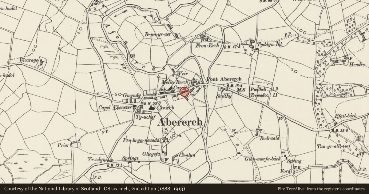 Ordnance Survey six-inch map, 2nd edition (1888–1913) covering the location of Awelon, Llannor, Gwynedd, with a pin at the register's coordinates