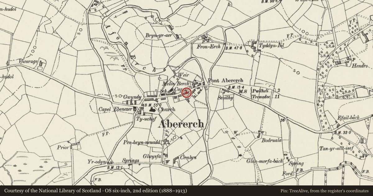 Ordnance Survey six-inch map, 2nd edition (1888–1913) covering the location of Seibiant, Llannor, Gwynedd, with a pin at the register's coordinates
