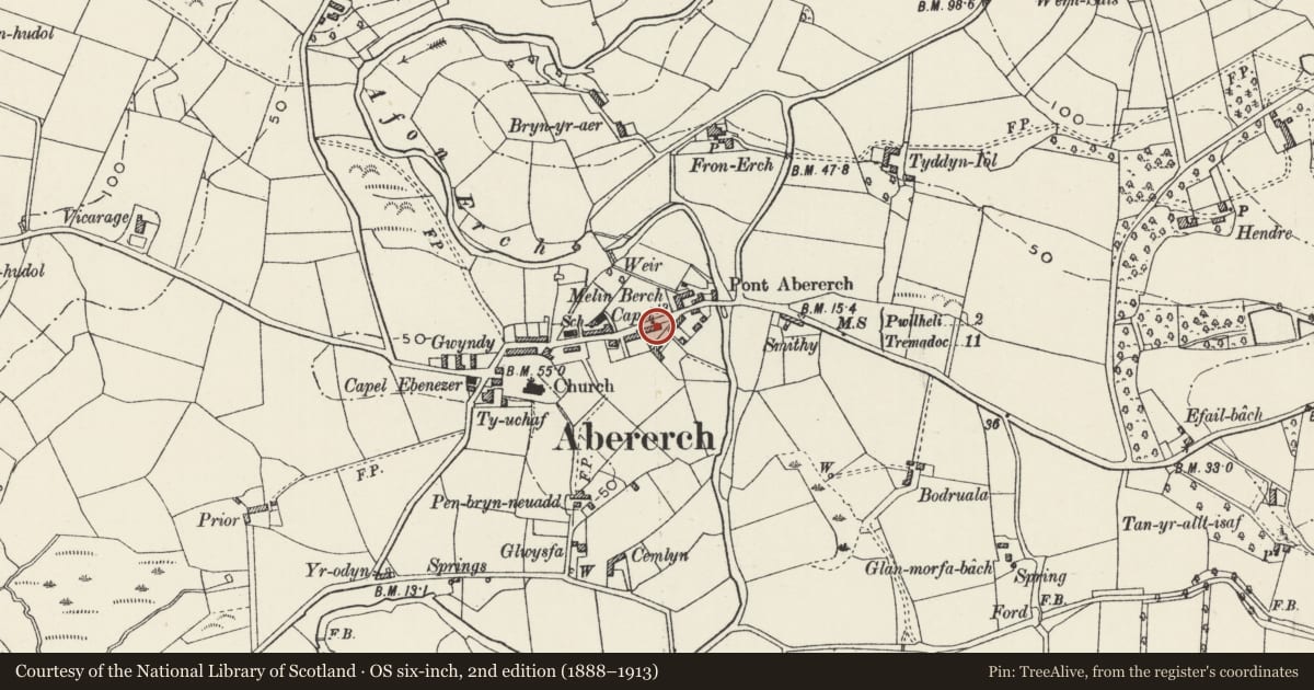 Ordnance Survey six-inch map, 2nd edition (1888–1913) covering the location of 23 Post Office Terrace, Llannor, Gwynedd, with a pin at the register's coordinates
