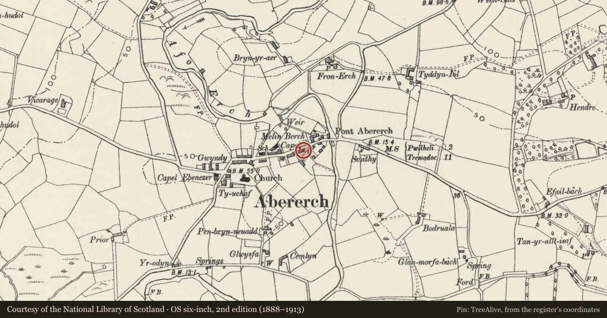 Ordnance Survey six-inch map, 2nd edition (1888–1913) covering the location of 24 Post Office Terrace, Llannor, Gwynedd, with a pin at the register's coordinates