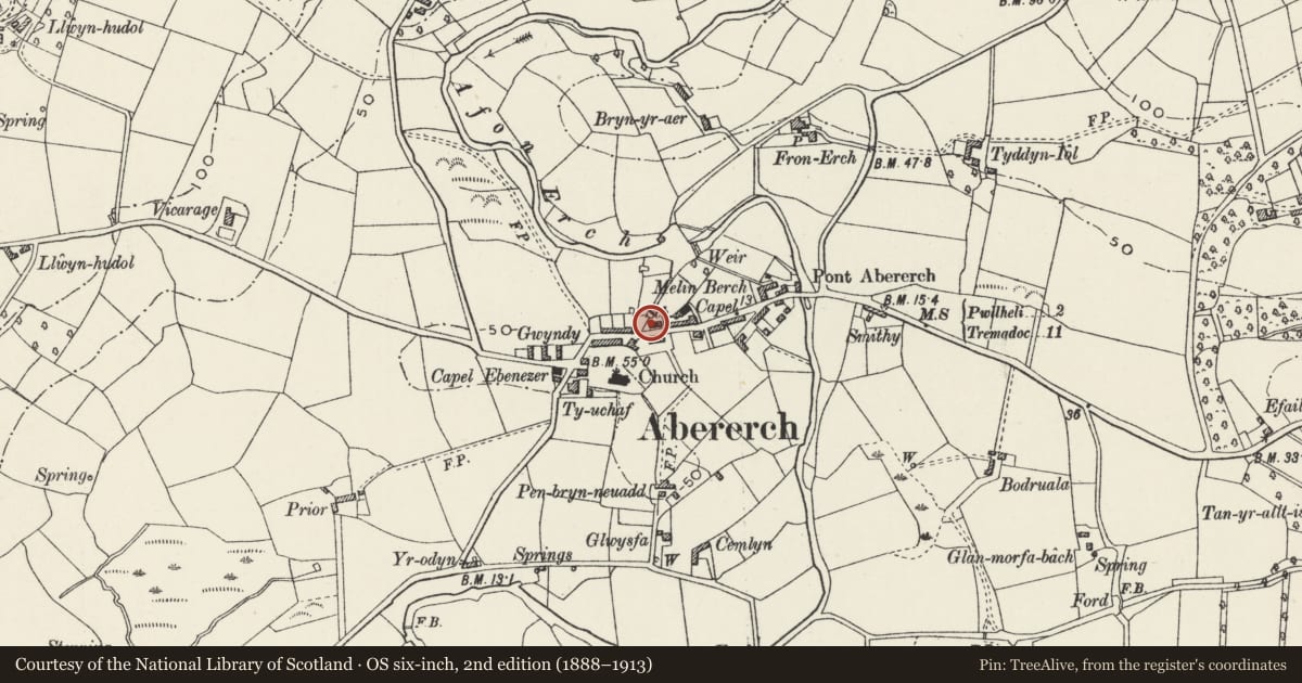 Ordnance Survey six-inch map, 2nd edition (1888–1913) covering the location of 7 School Terrace, Llannor, Gwynedd, with a pin at the register's coordinates