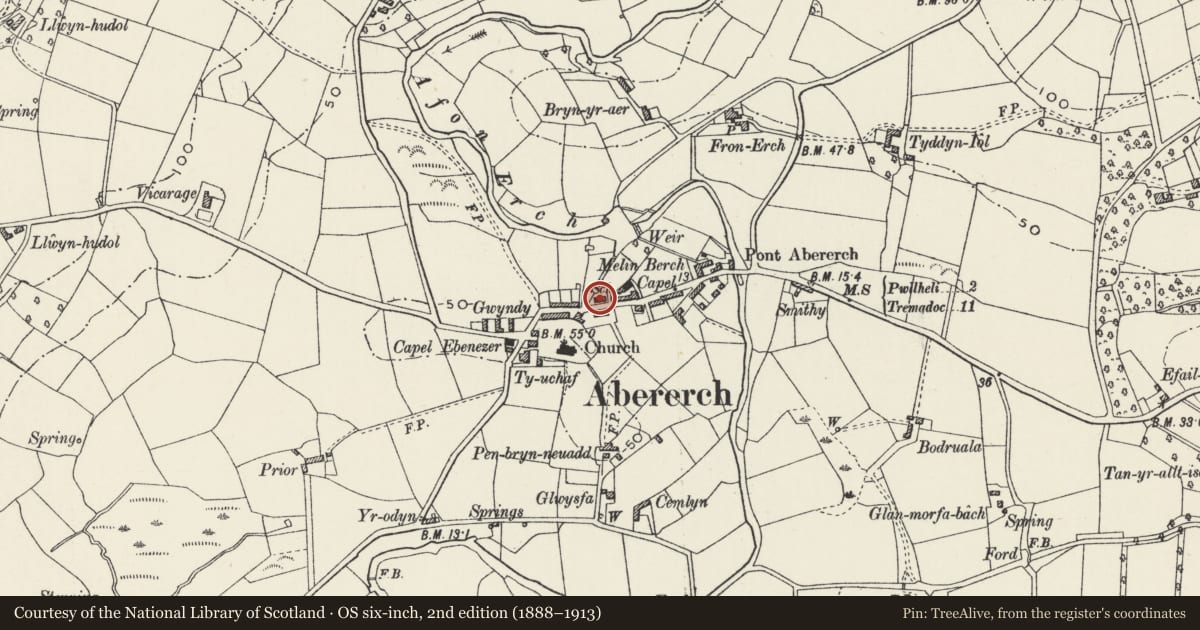 Ordnance Survey six-inch map, 2nd edition (1888–1913) covering the location of 8 School Terrace, Llannor, Gwynedd, with a pin at the register's coordinates