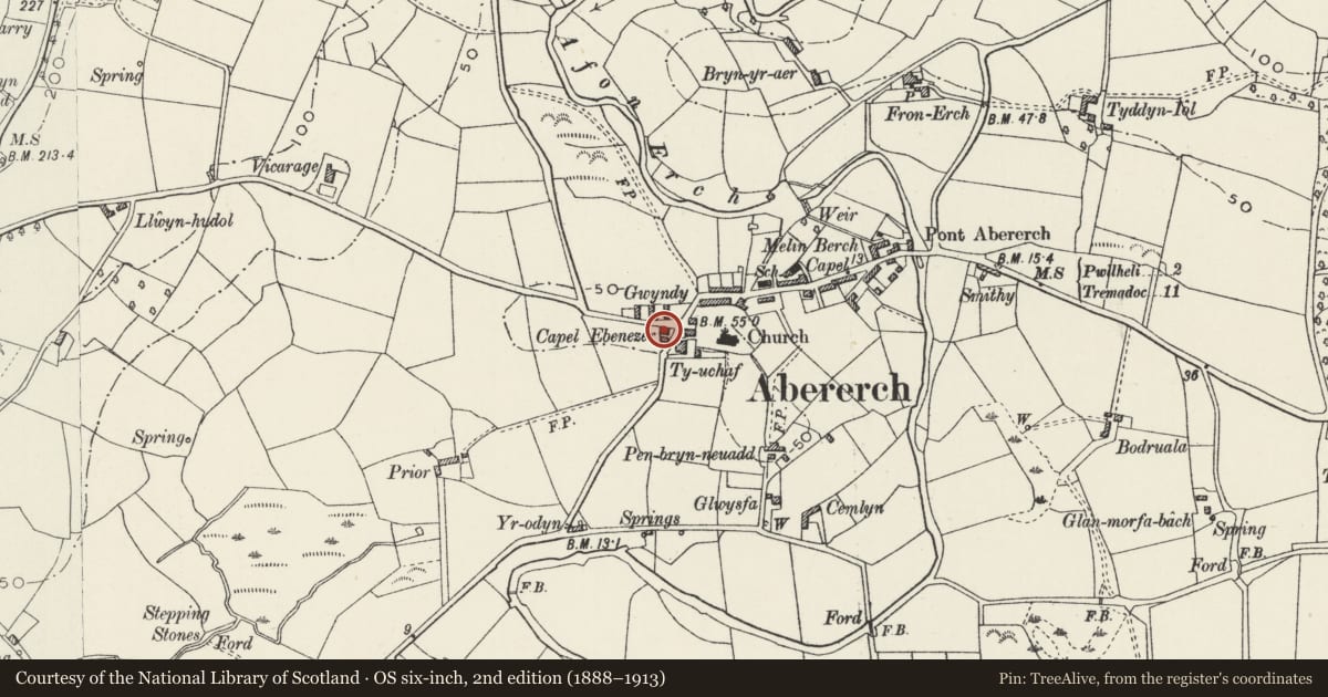 Ordnance Survey six-inch map, 2nd edition (1888–1913) covering the location of Capel Ebenezer, Llannor, Gwynedd, with a pin at the register's coordinates