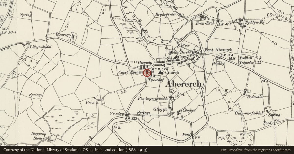 Ordnance Survey six-inch map, 2nd edition (1888–1913) covering the location of Ebenezer Cottage (Ty-capel), Llannor, Gwynedd, with a pin at the register's coordinates