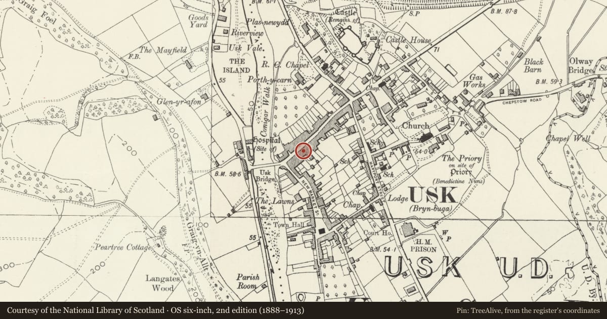 Ordnance Survey six-inch map, 2nd edition (1888–1913) covering the location of National Westminster Bank, Usk, Monmouthshire, with a pin at the register's coordinates