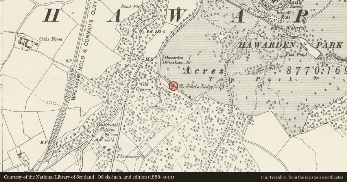 Ordnance Survey six-inch map, 2nd edition (1888–1913) covering the location of Gatepiers at former St John's Lodge, Hawarden Estate, Flintshire, with a pin at the register's coordinates
