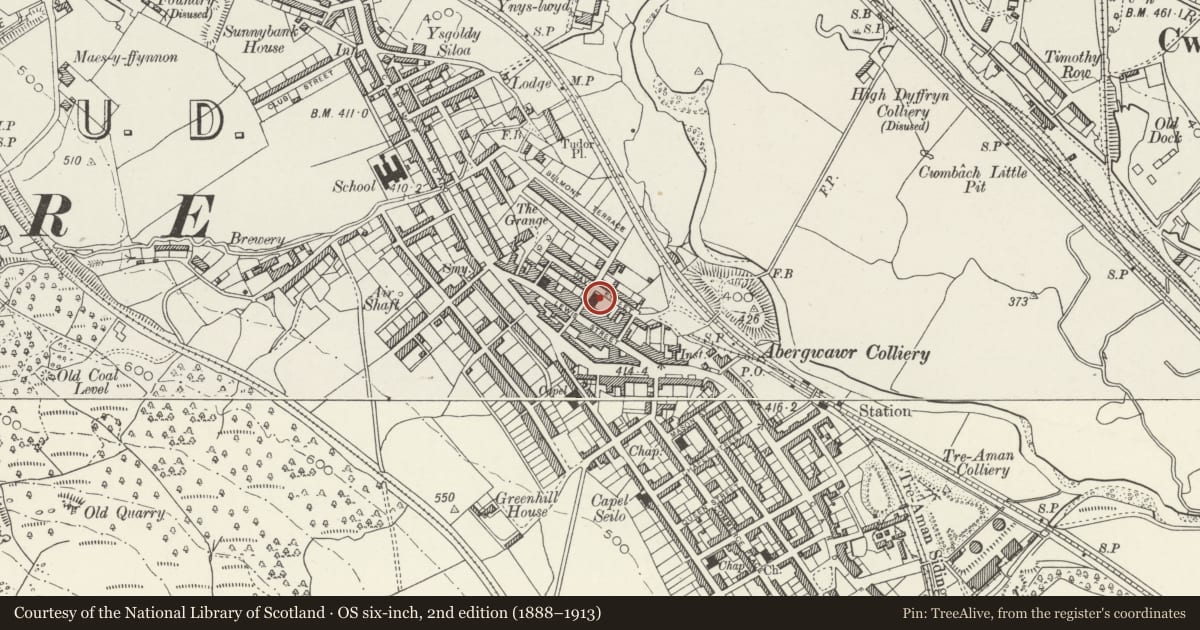 Ordnance Survey six-inch map, 2nd edition (1888–1913) covering the location of Saron Independent Chapel, Aberaman, Rhondda Cynon Taff, with a pin at the register's coordinates