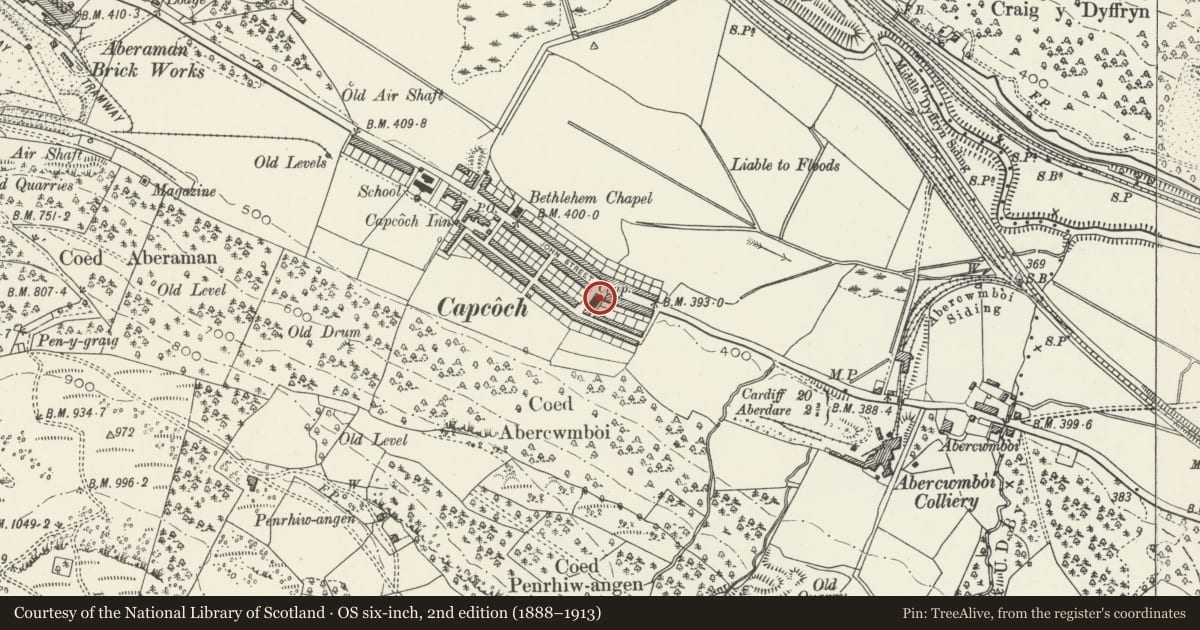 Ordnance Survey six-inch map, 2nd edition (1888–1913) covering the location of Bethesda Baptist Chapel, Aberaman, Rhondda Cynon Taff, with a pin at the register's coordinates