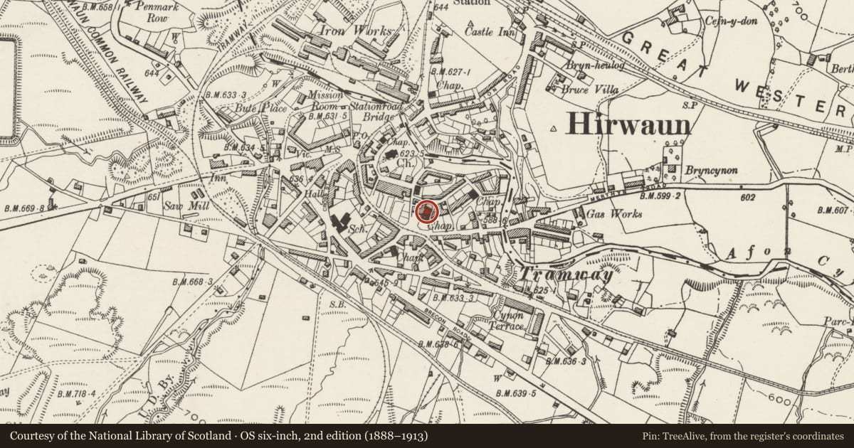 Ordnance Survey six-inch map, 2nd edition (1888–1913) covering the location of Nebo Independent Chapel, Hirwaun, Rhondda Cynon Taff, with a pin at the register's coordinates