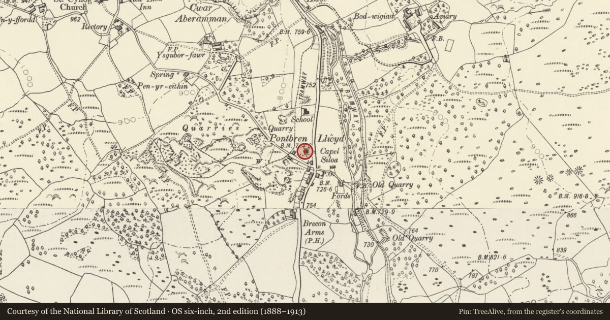 Ordnance Survey six-inch map, 2nd edition (1888–1913) covering the location of Siloa Baptist Church, Hirwaun, Rhondda Cynon Taff, with a pin at the register's coordinates