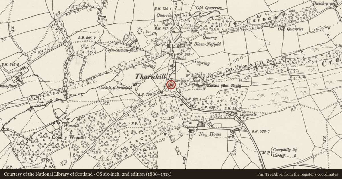Ordnance Survey six-inch map, 2nd edition (1888–1913) covering the location of Travellers Rest Inn, Caerphilly, with a pin at the register's coordinates