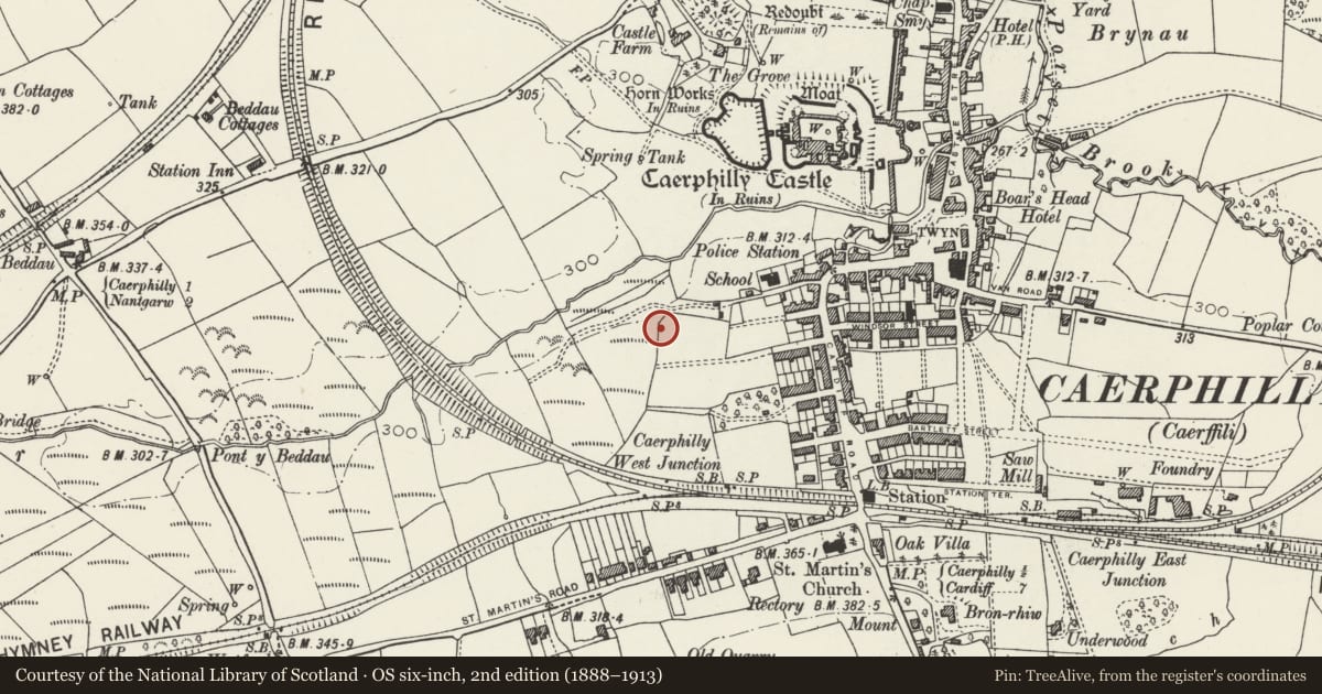 Ordnance Survey six-inch map, 2nd edition (1888–1913) covering the location of Wesley Methodist Church, Caerphilly, with a pin at the register's coordinates