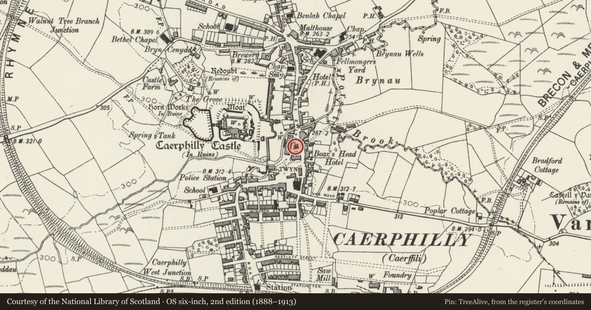 Ordnance Survey six-inch map, 2nd edition (1888–1913) covering the location of War Memorial, Caerphilly, with a pin at the register's coordinates