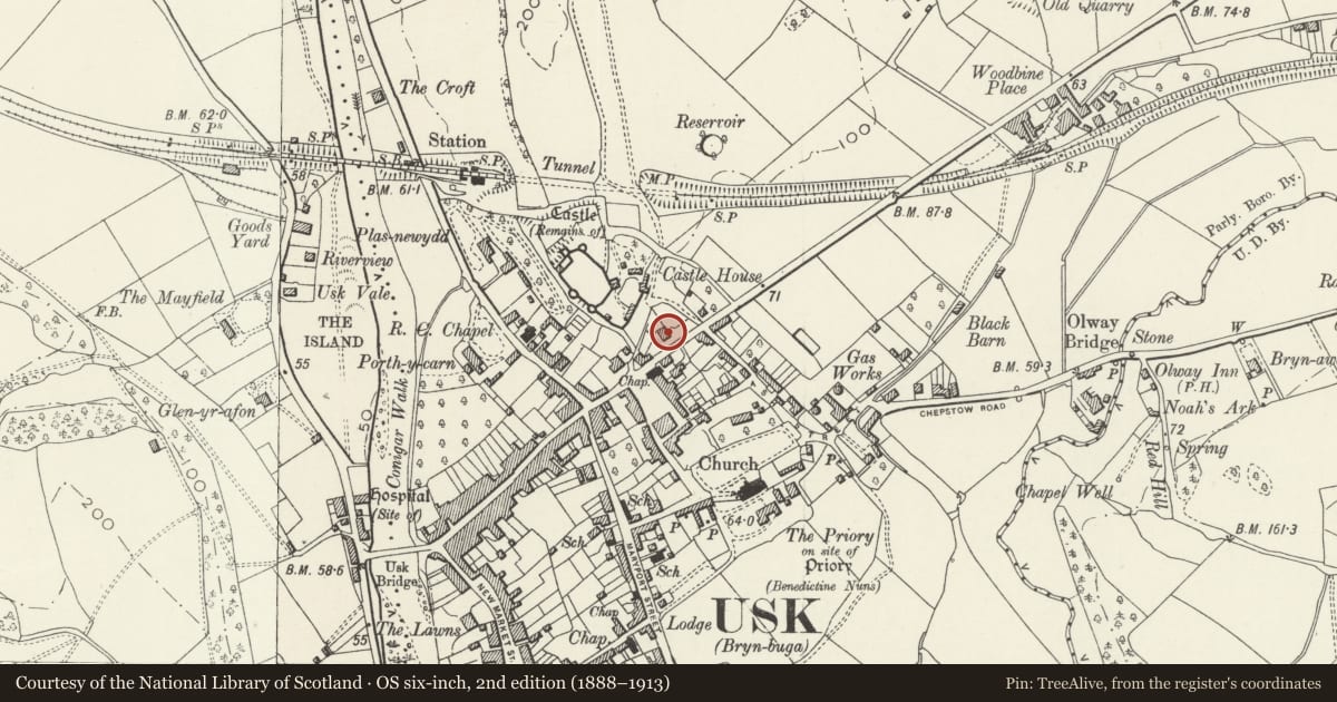 Ordnance Survey six-inch map, 2nd edition (1888–1913) covering the location of Castle Parade House, Usk, Monmouthshire, with a pin at the register's coordinates