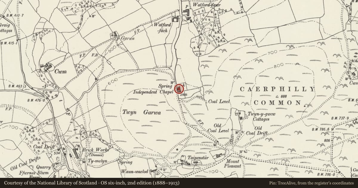 Ordnance Survey six-inch map, 2nd edition (1888–1913) covering the location of Watford Chapel, Caerphilly, with a pin at the register's coordinates