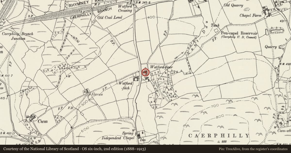 Ordnance Survey six-inch map, 2nd edition (1888–1913) covering the location of Plas Watford, Caerphilly, with a pin at the register's coordinates