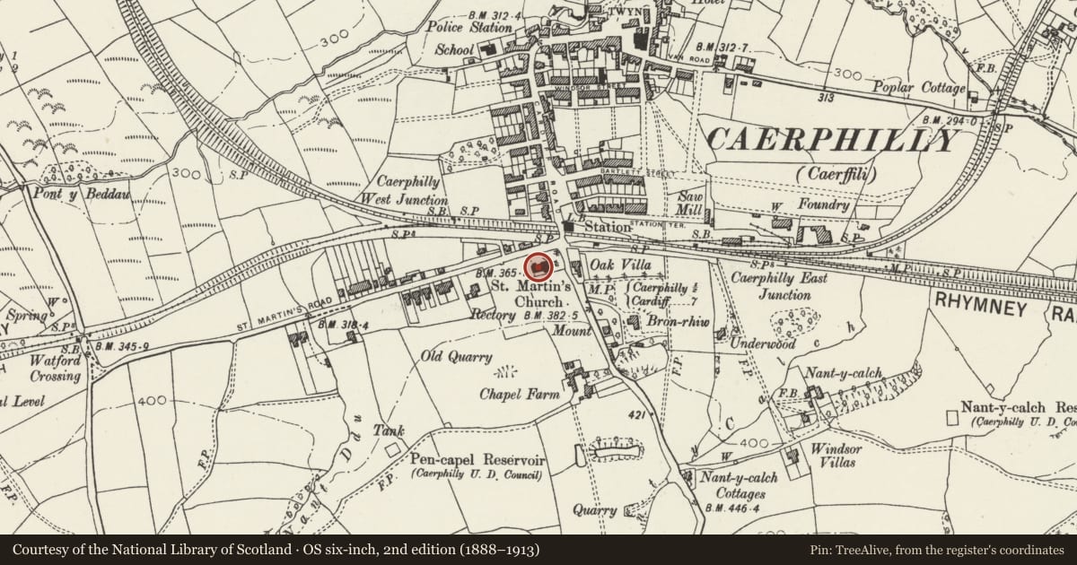 Ordnance Survey six-inch map, 2nd edition (1888–1913) covering the location of Church of St Martin, Caerphilly, with a pin at the register's coordinates