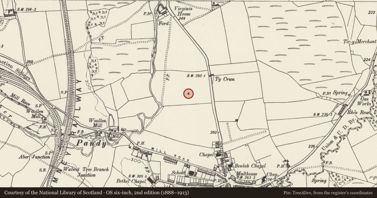 Ordnance Survey six-inch map, 2nd edition (1888–1913) covering the location of St Ilan Comprehensive School, Caerphilly, with a pin at the register's coordinates