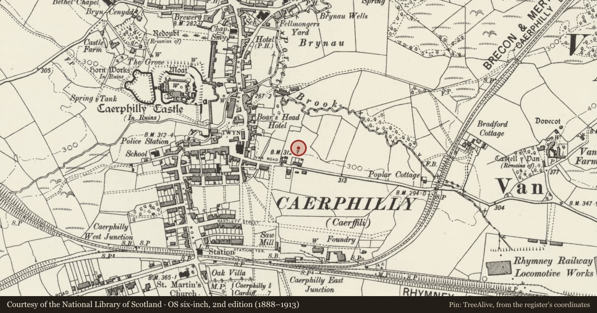 Ordnance Survey six-inch map, 2nd edition (1888–1913) covering the location of Twyn County Junior School, Caerphilly, with a pin at the register's coordinates