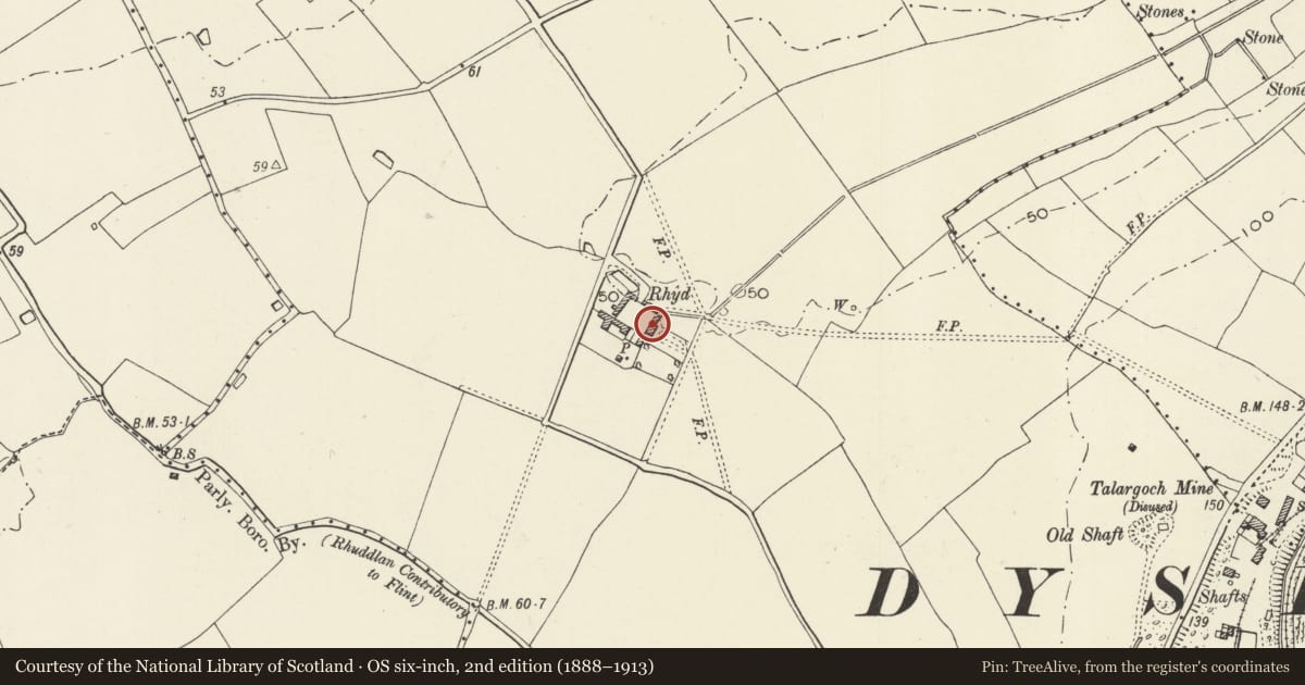 Ordnance Survey six-inch map, 2nd edition (1888–1913) covering the location of Rhyd Farmhouse, Dyserth, Denbighshire, with a pin at the register's coordinates